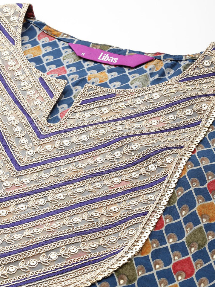 Blue Printed Silk Blend Straight Kurta With Trousers & Dupatta - Libas