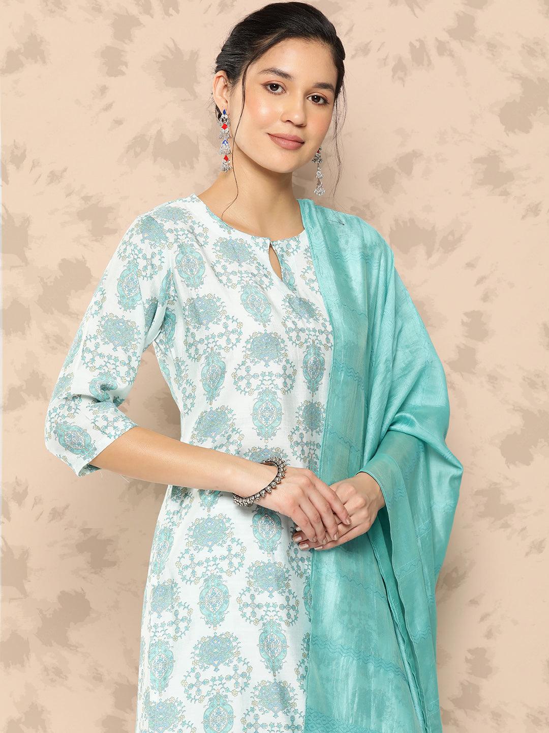 Blue Printed Silk Blend Straight Kurta With Trousers and Dupatta - Libas