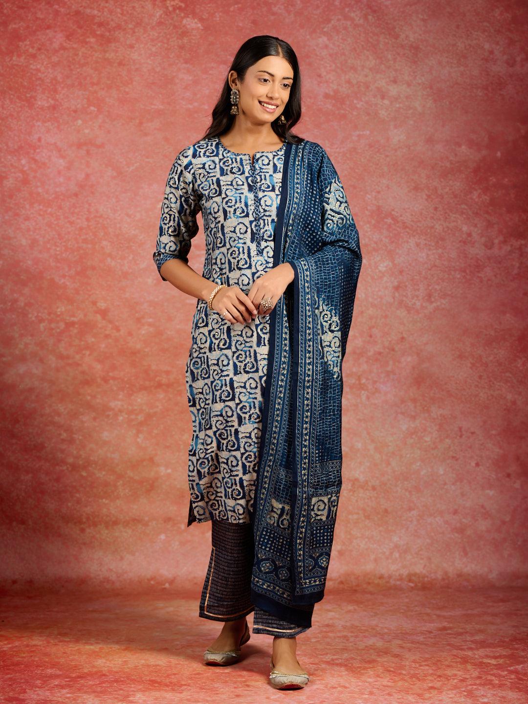 Blue Printed Silk Blend Straight Kurta With Trousers & Dupatta - Libas