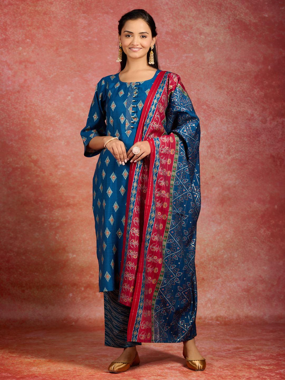 Blue Printed Silk Blend Straight Kurta With Trousers & Dupatta - Libas 