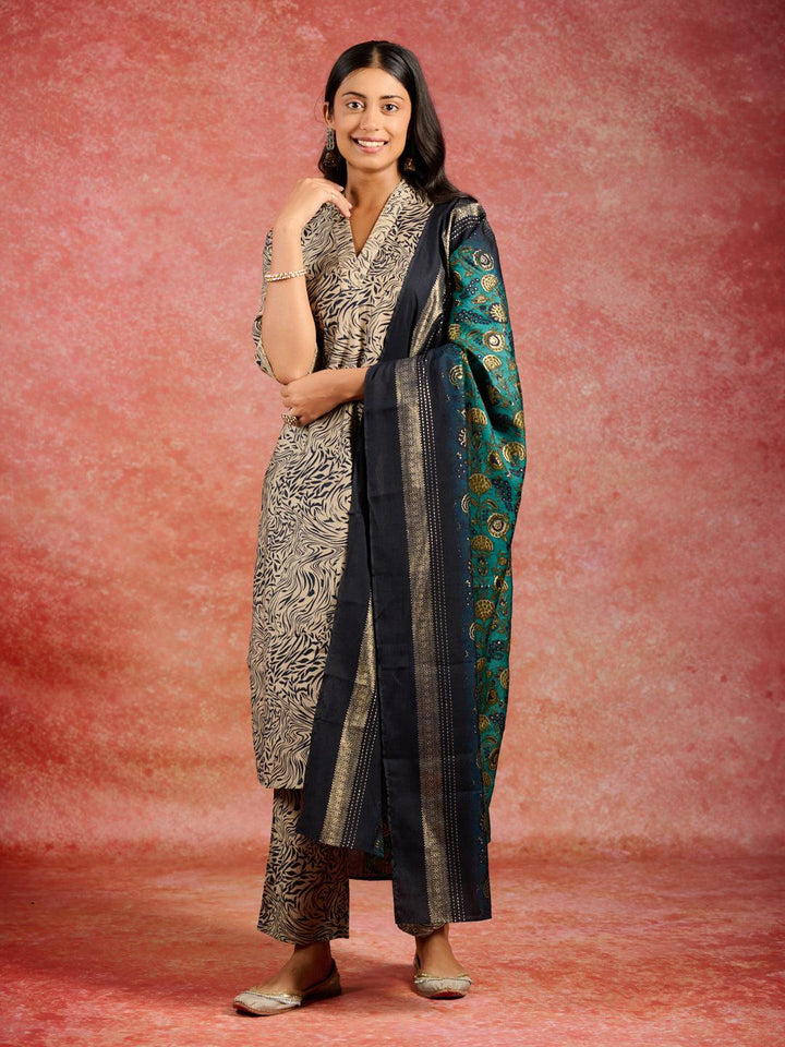 Blue Printed Silk Blend Straight Kurta With Trousers & Dupatta - Libas