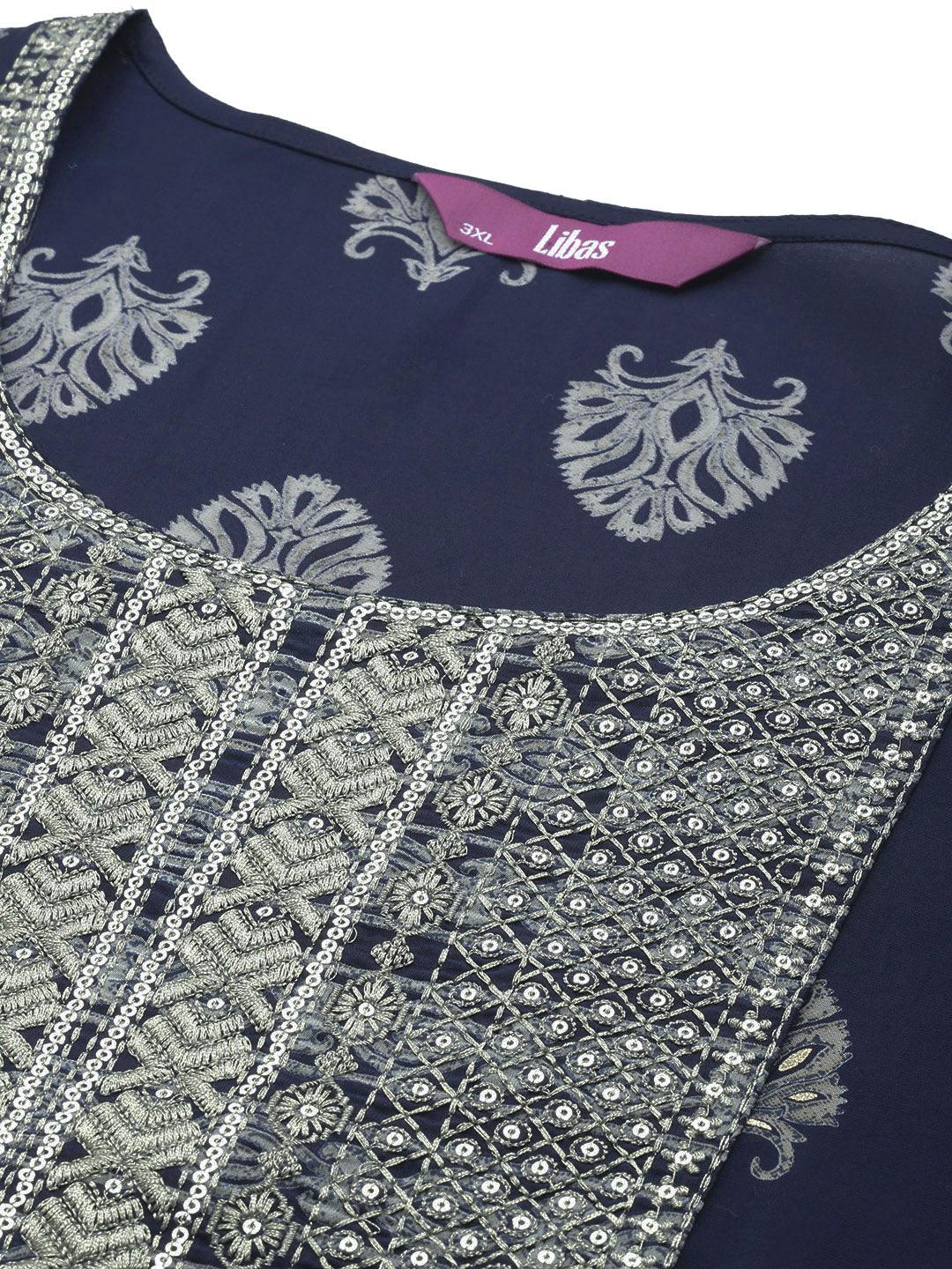 Blue Printed Silk Blend Straight Kurta With Trousers & Dupatta - Libas