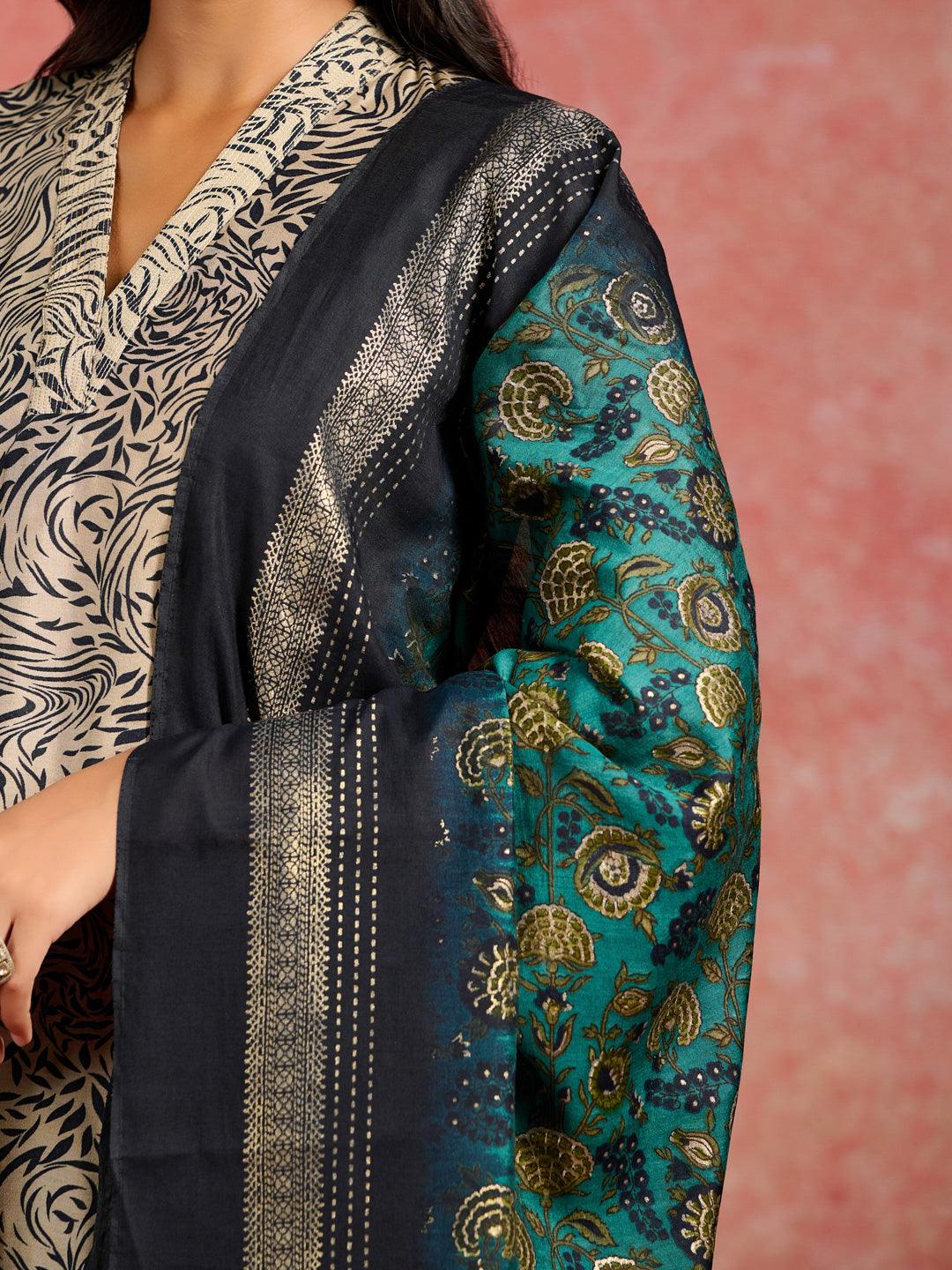 Blue Printed Silk Blend Straight Kurta With Trousers & Dupatta - Libas