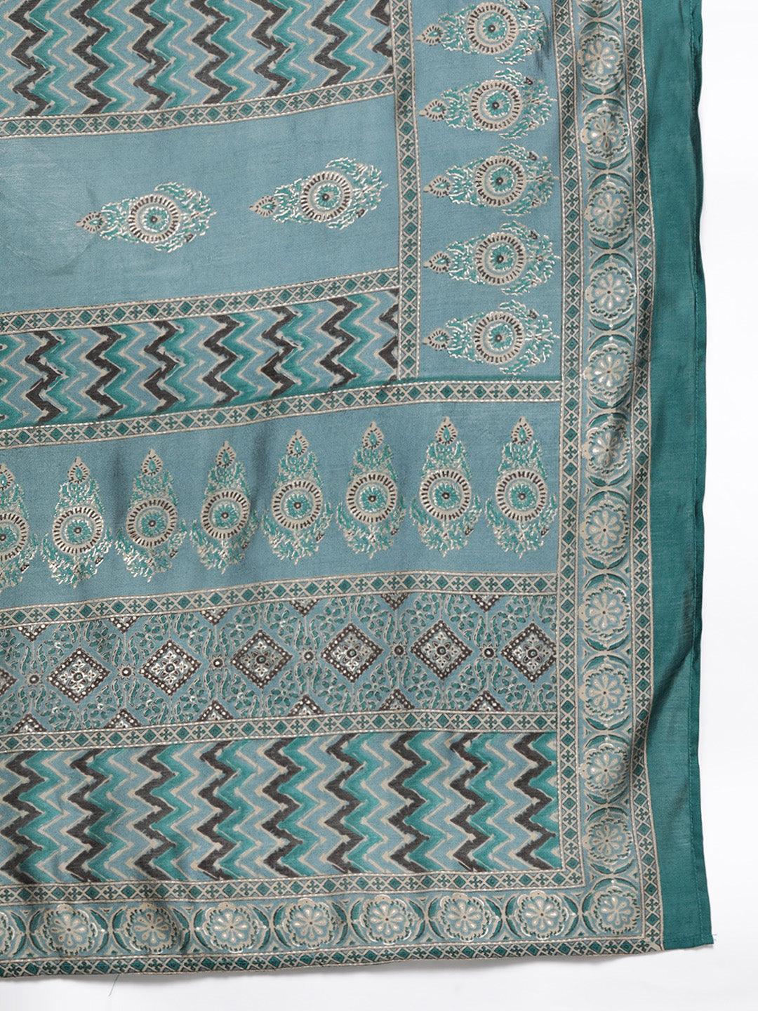 Blue Printed Silk Blend Straight Kurta With Trousers & Dupatta - Libas