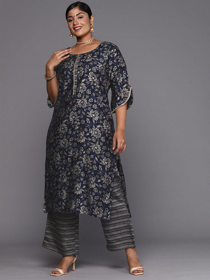 Blue Printed Silk Blend Straight Kurta With Trousers - Libas