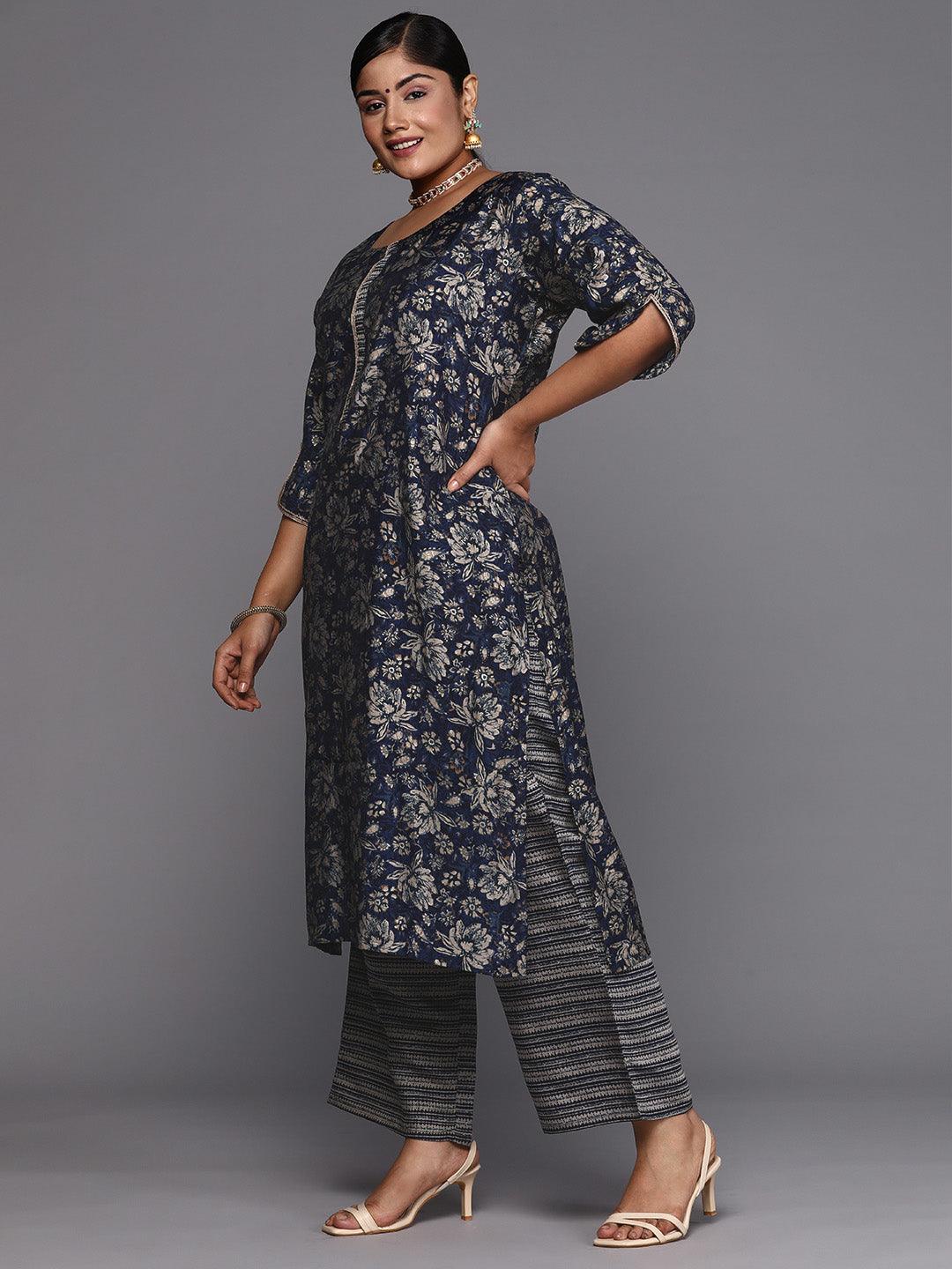 Blue Printed Silk Blend Straight Kurta With Trousers - Libas