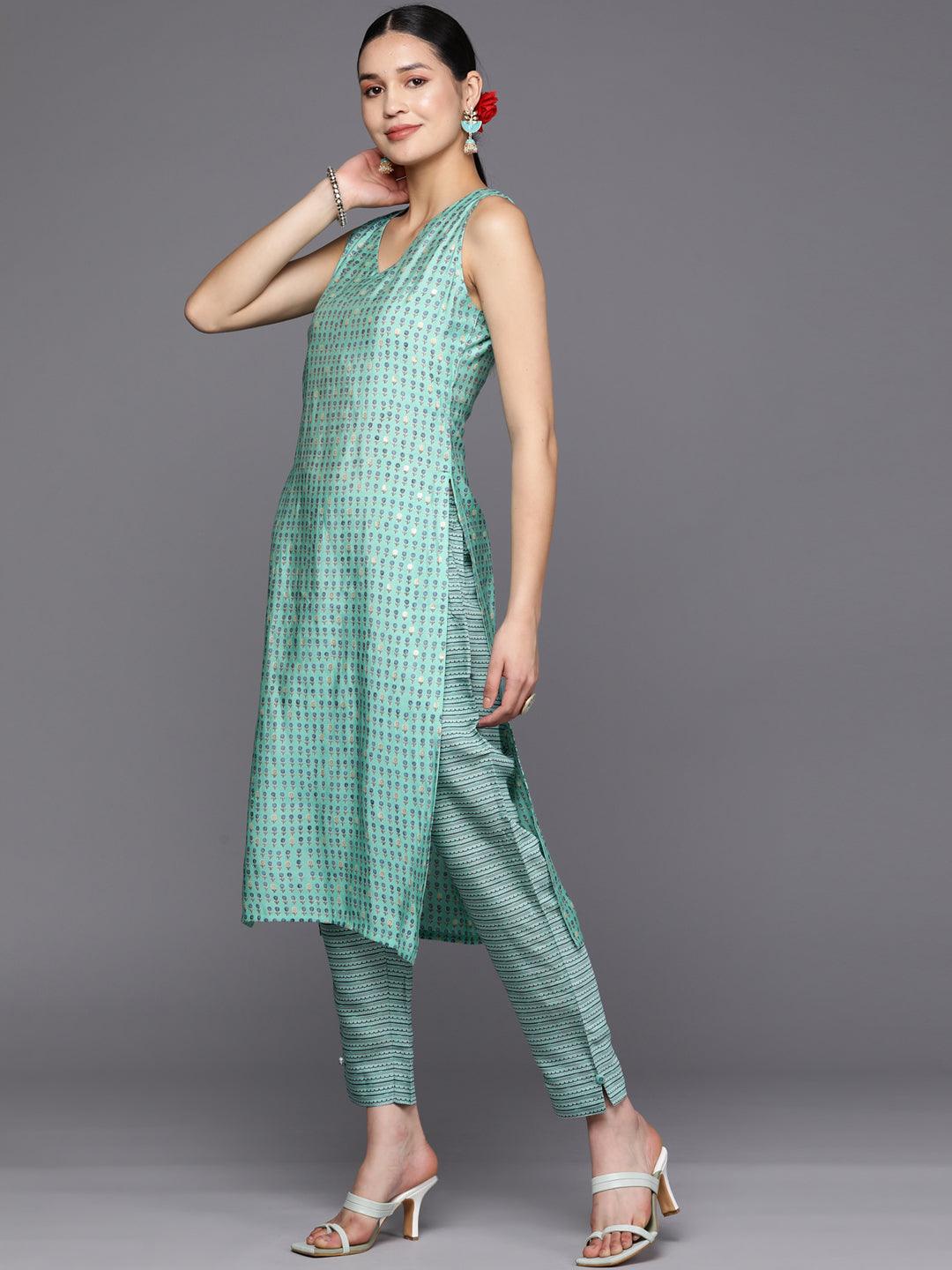 Blue Printed Silk Blend Straight Kurta With Trousers