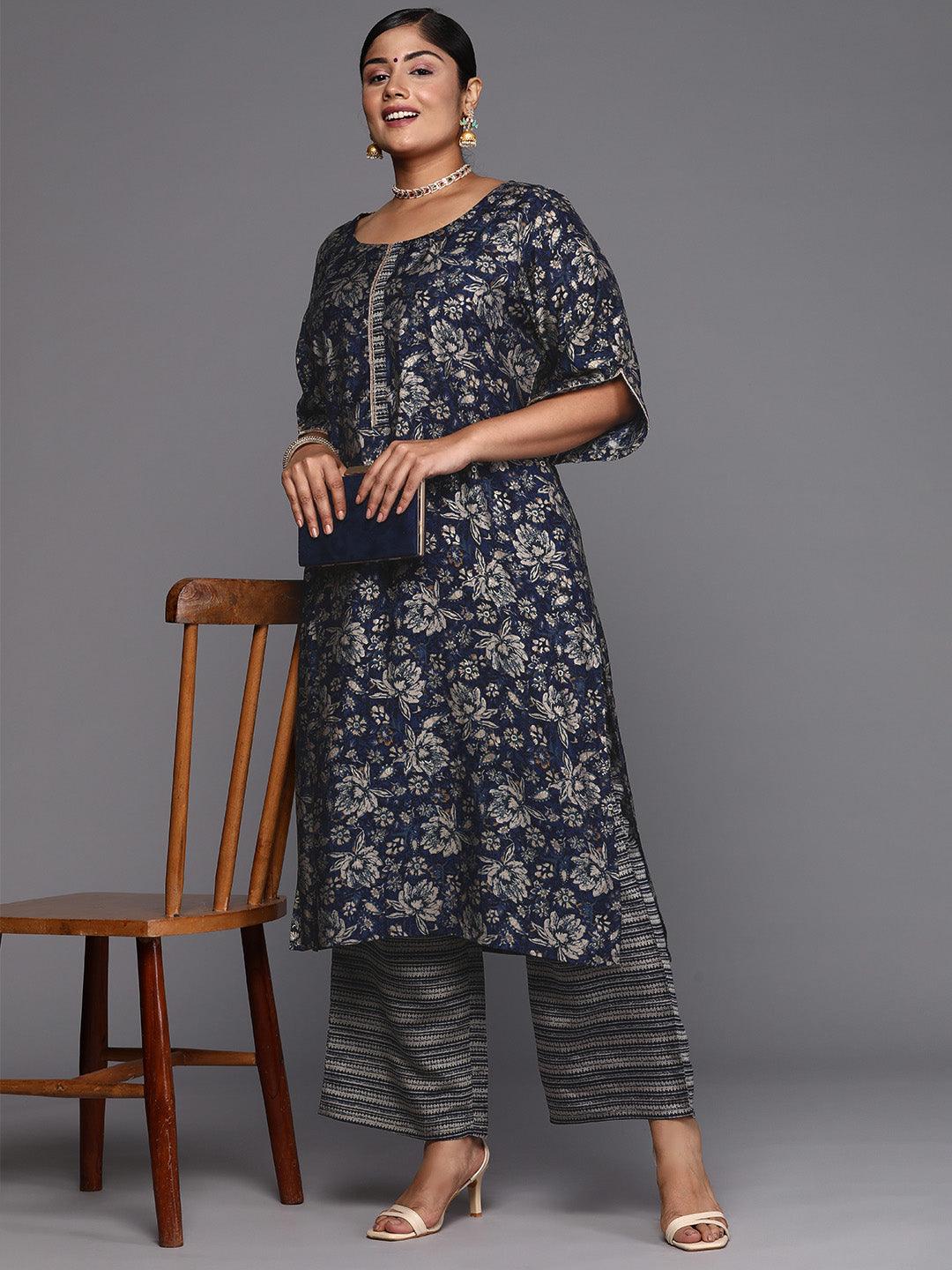 Blue Printed Silk Blend Straight Kurta With Trousers - Libas