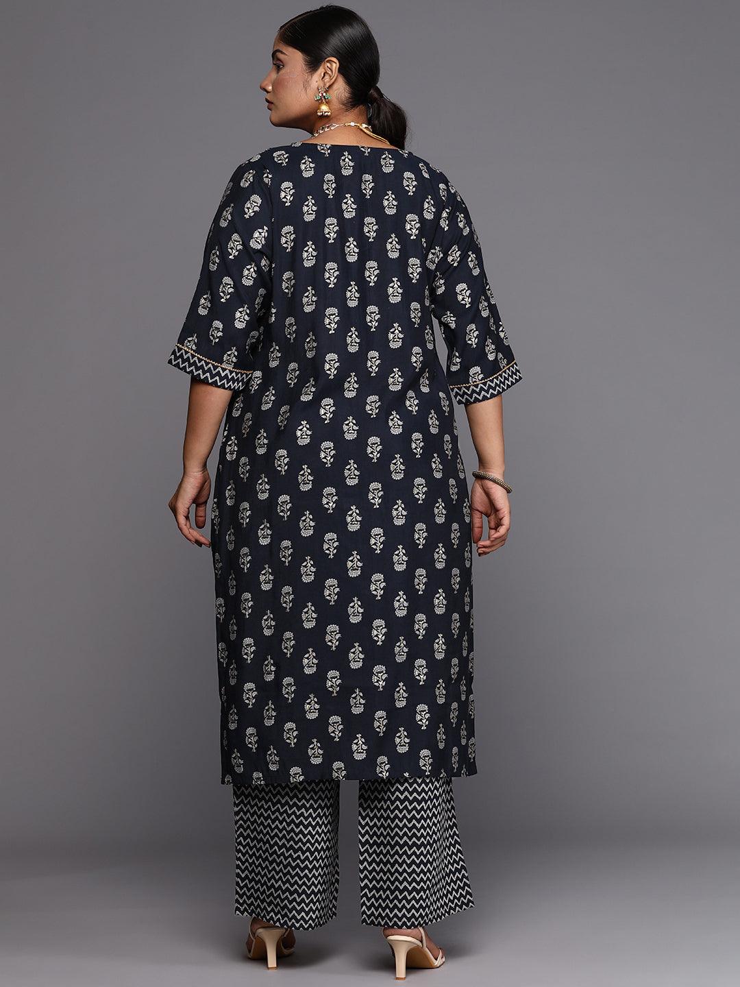 Blue Printed Silk Blend Straight Kurta With Trousers & Dupatta - Libas