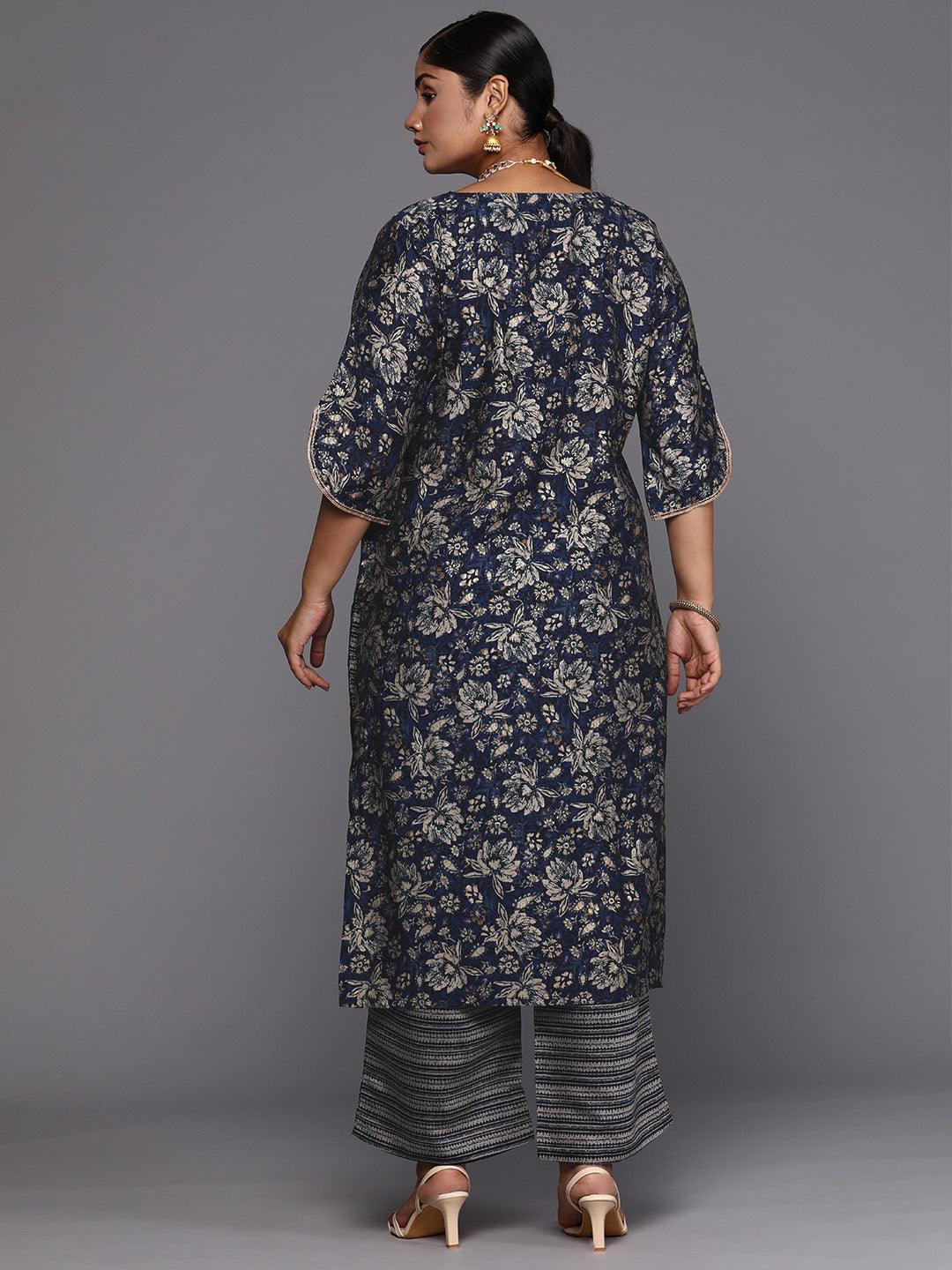 Blue Printed Silk Blend Straight Kurta With Trousers - Libas