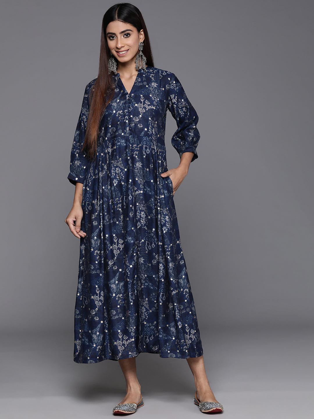 Blue Printed Silk Fit and Flare Dress - Libas 