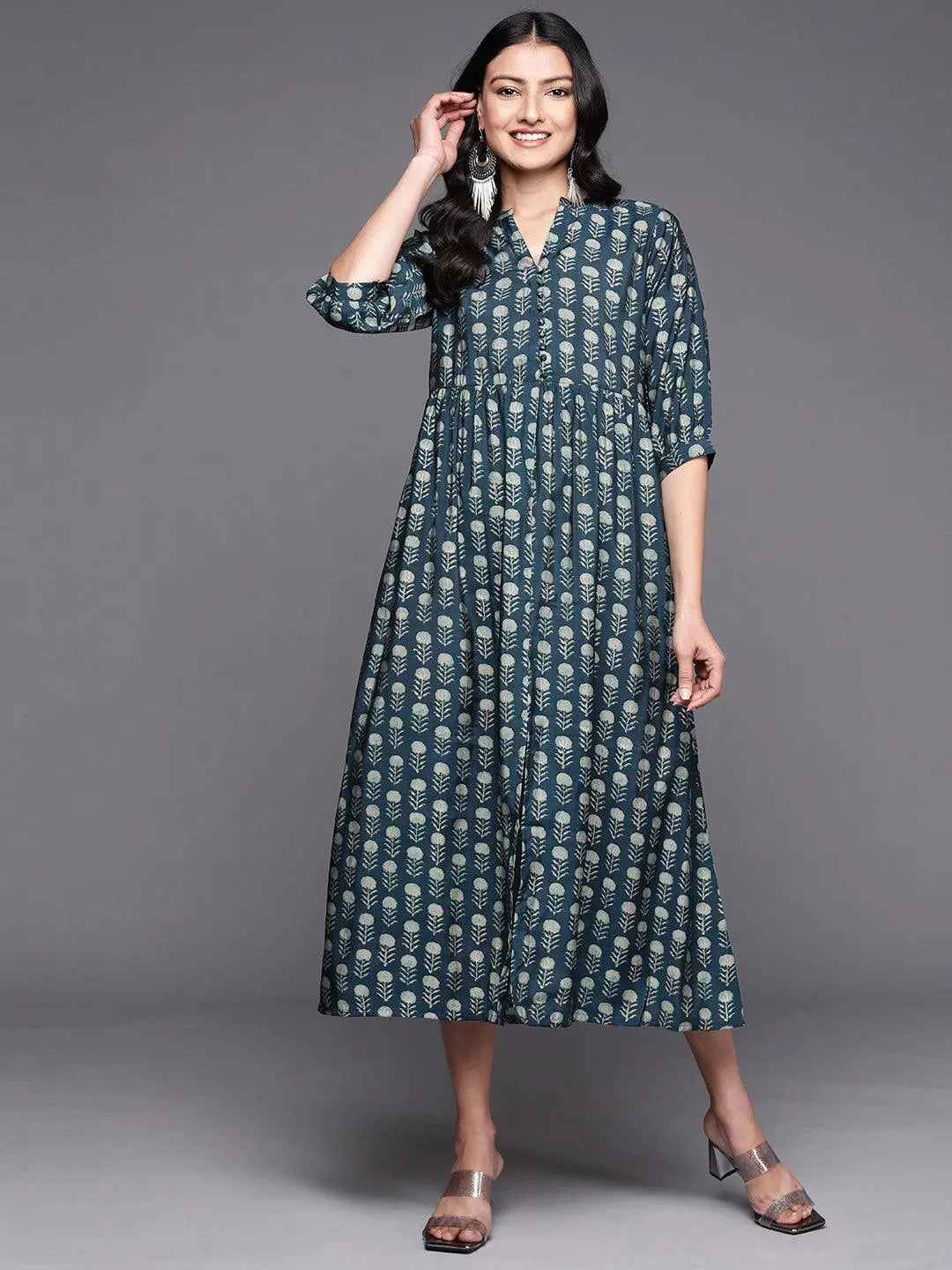 Blue Printed Silk Fit and Flare Dress - Libas