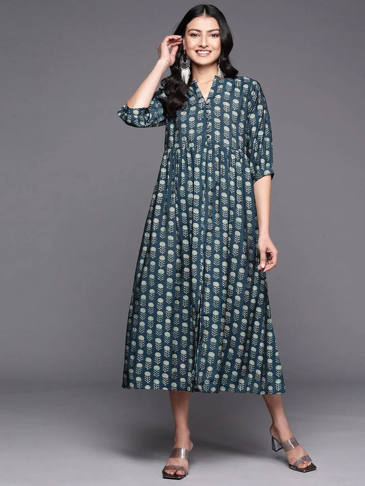 Blue Printed Silk Fit and Flare Dress - Libas