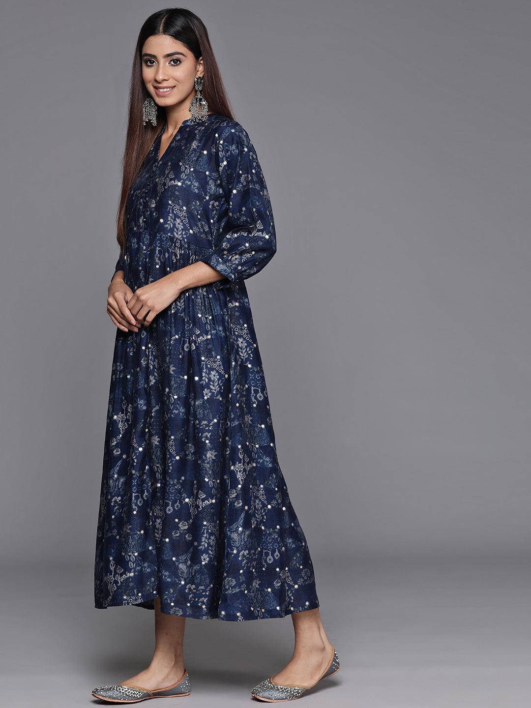 Blue Printed Silk Fit and Flare Dress - Libas