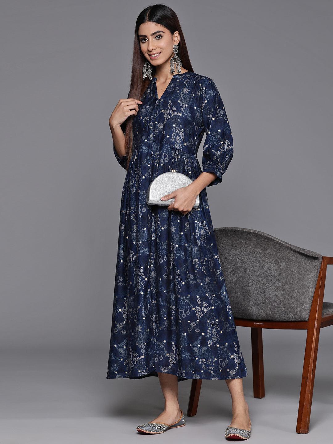 Blue Printed Silk Fit and Flare Dress - Libas