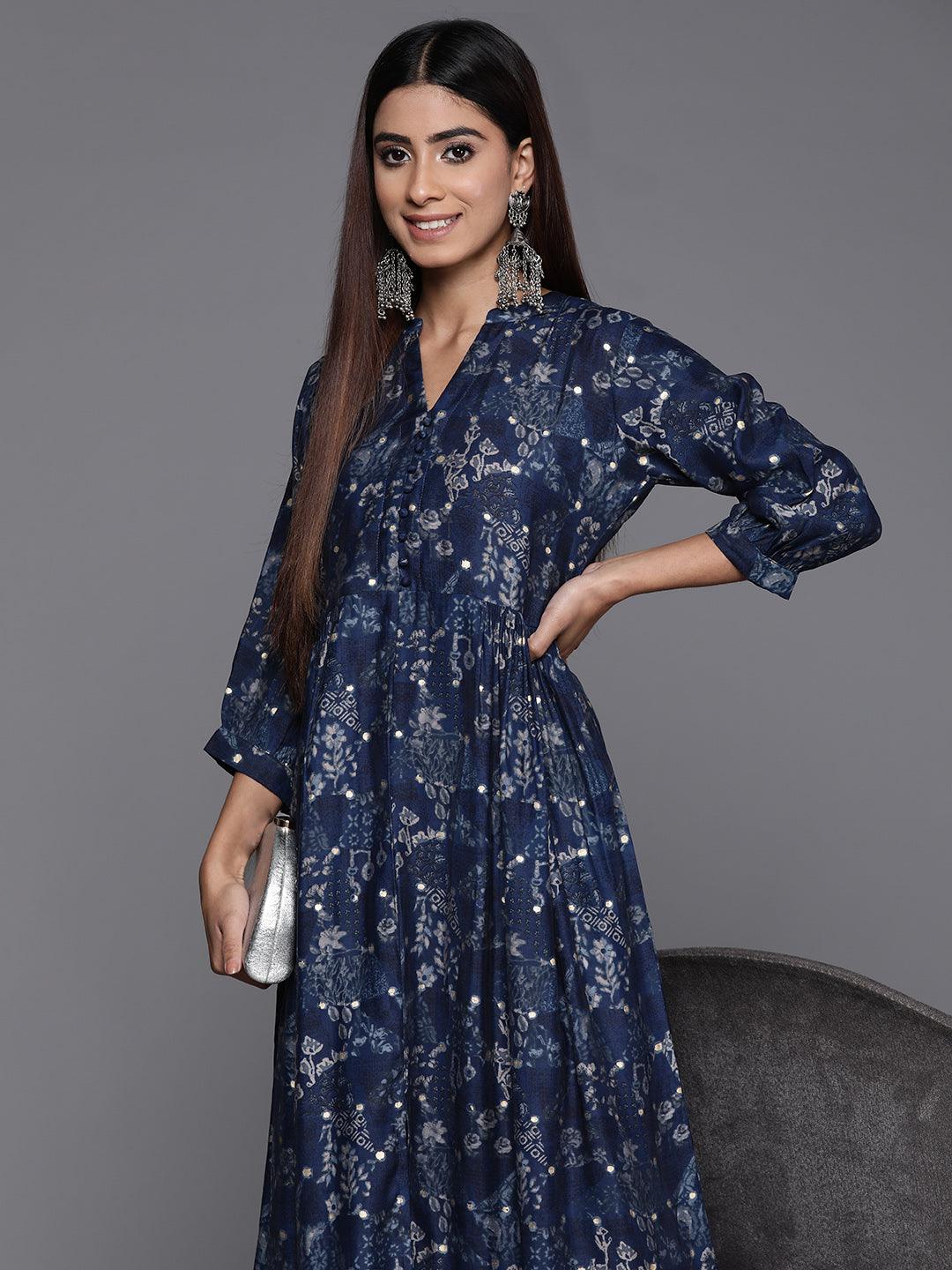 Blue Printed Silk Fit and Flare Dress - Libas 