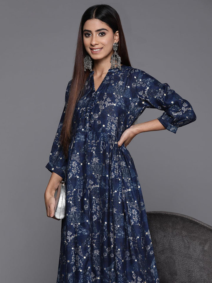 Blue Printed Silk Fit and Flare Dress - Libas