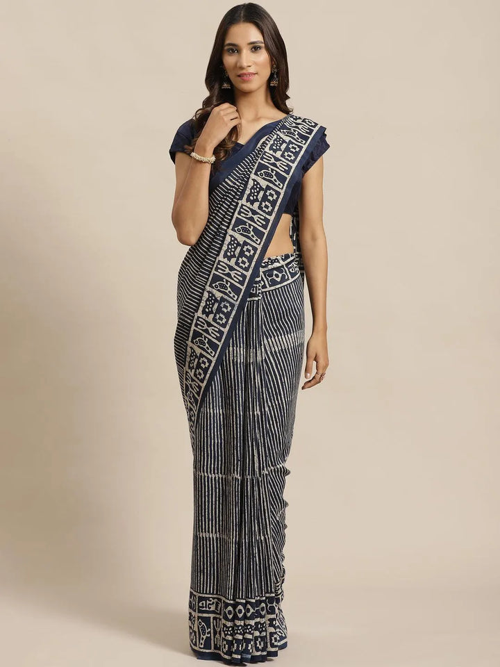 Blue Printed Silk Saree - Libas