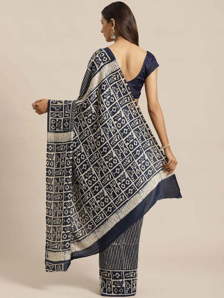 Blue Printed Silk Saree - Libas