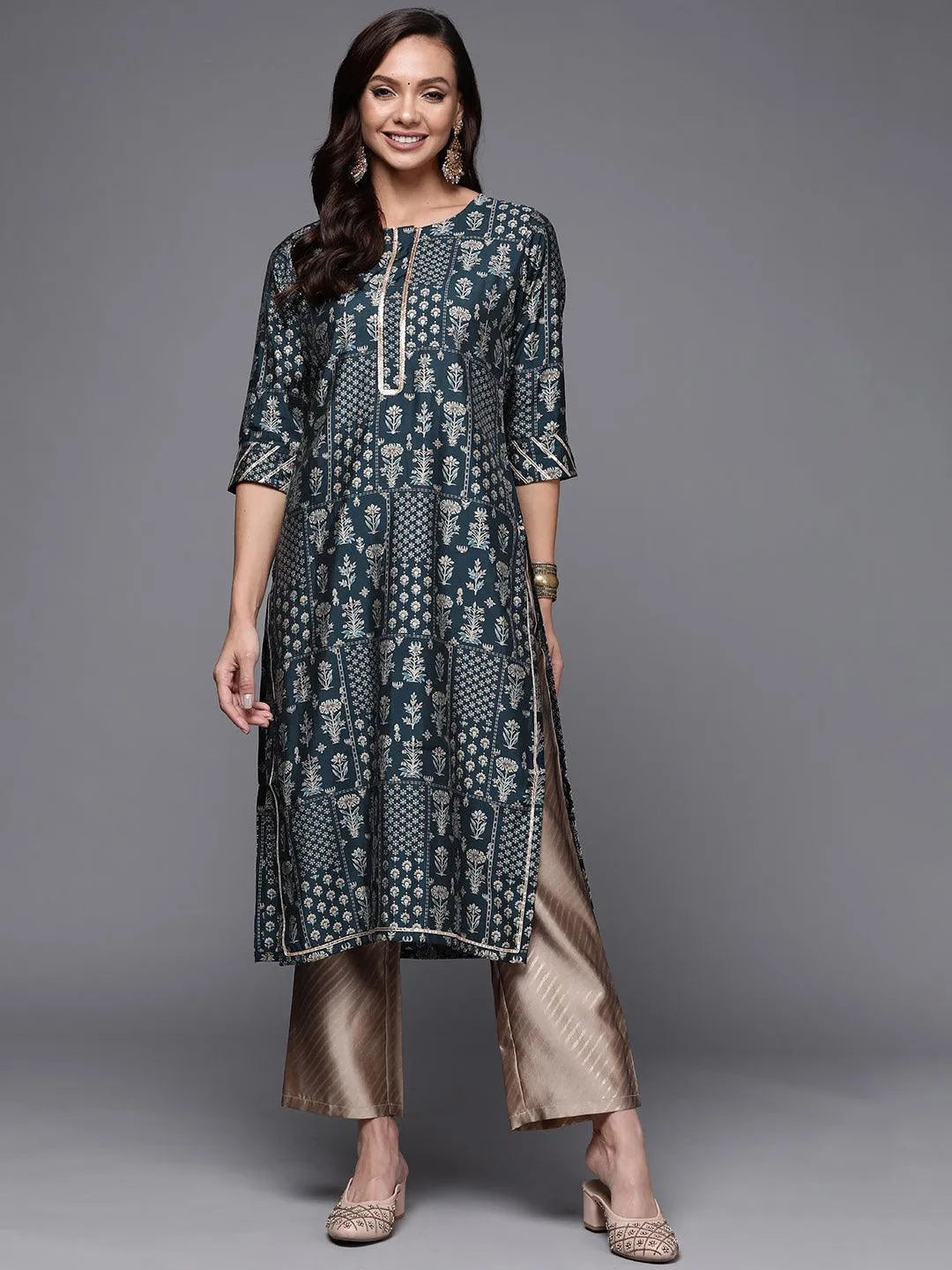 Blue Printed Silk Straight Kurta - Libas