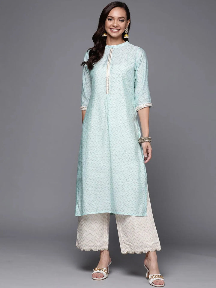 Blue Printed Silk Straight Kurta - Libas