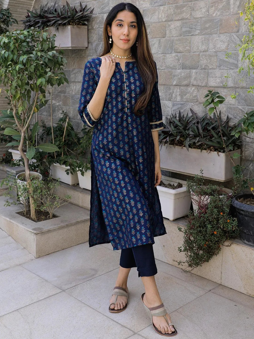 Blue Printed Silk Straight Kurta - Libas 