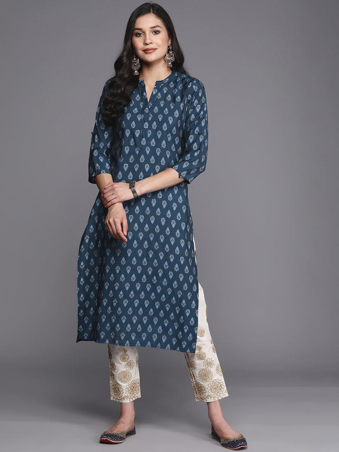 Blue Printed Silk Straight Kurta - Libas 