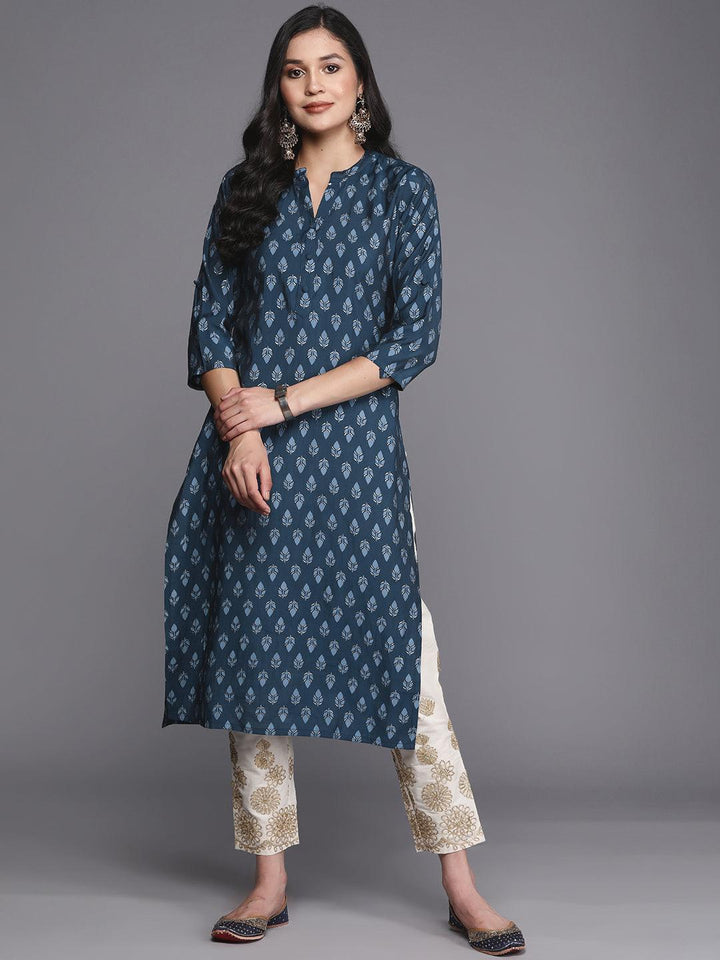 Blue Printed Silk Straight Kurta - Libas