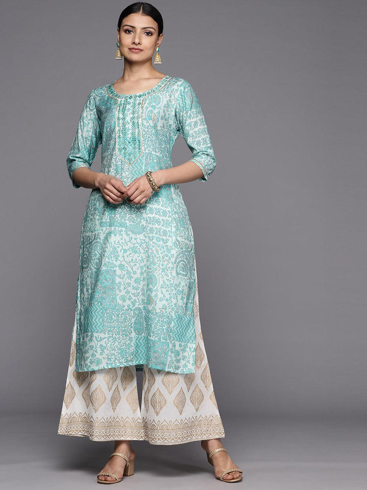 Blue Printed Silk Straight Kurta - Libas