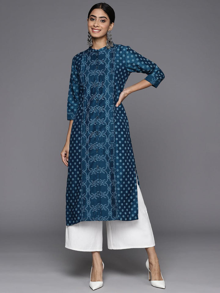 Blue Printed Silk Straight Kurta - Libas