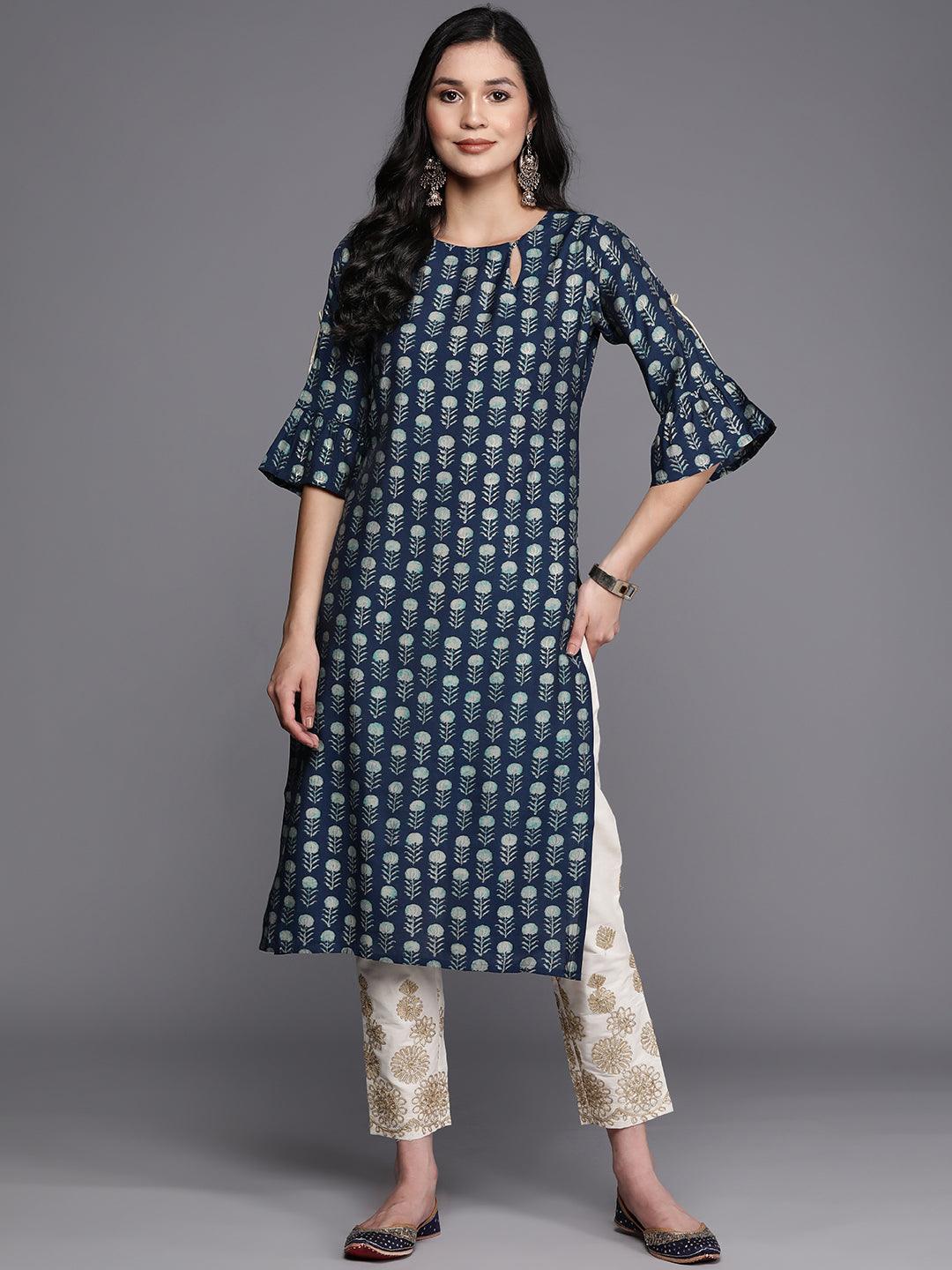 Blue Printed Silk Straight Kurta - Libas 