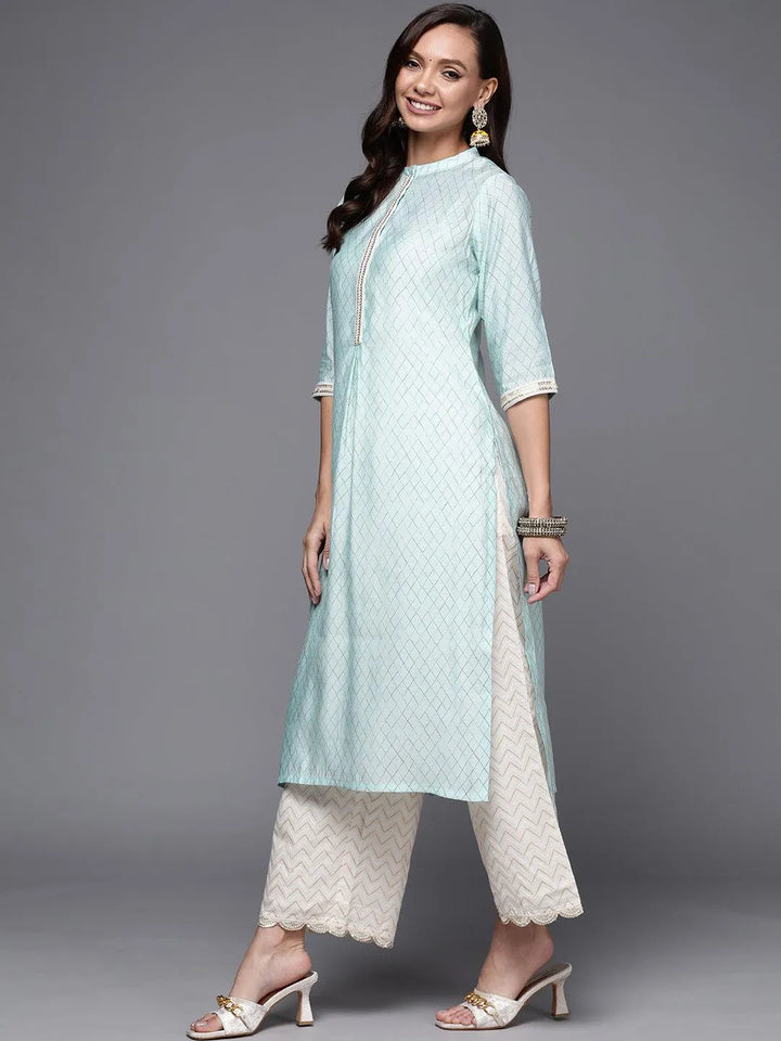 Blue Printed Silk Straight Kurta - Libas