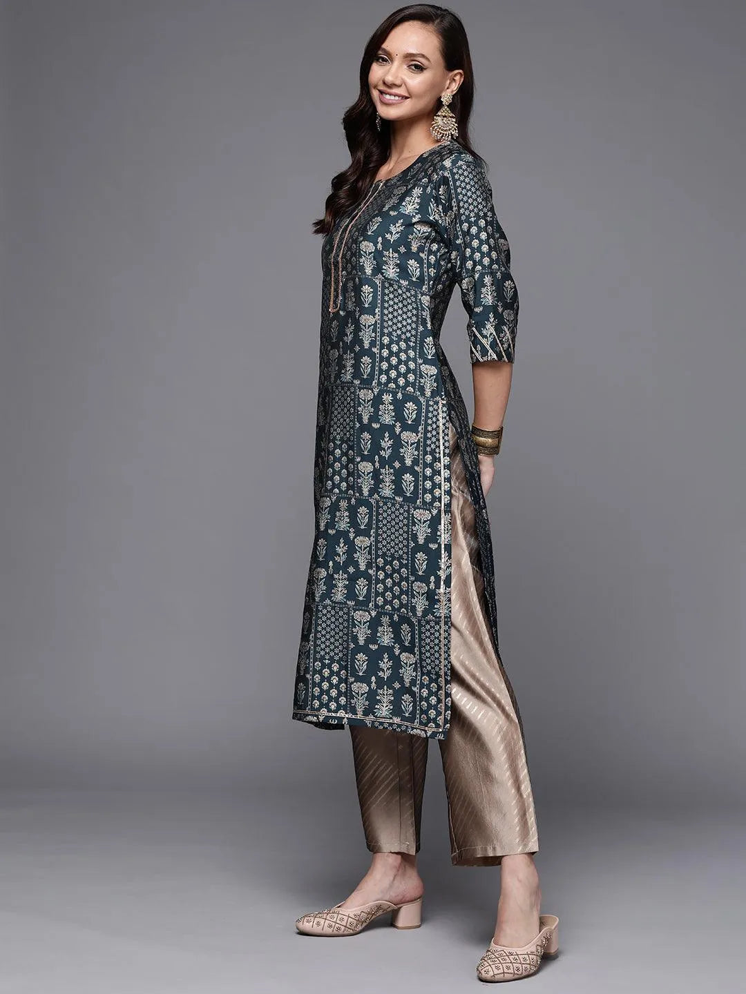 Blue Printed Silk Straight Kurta - Libas 