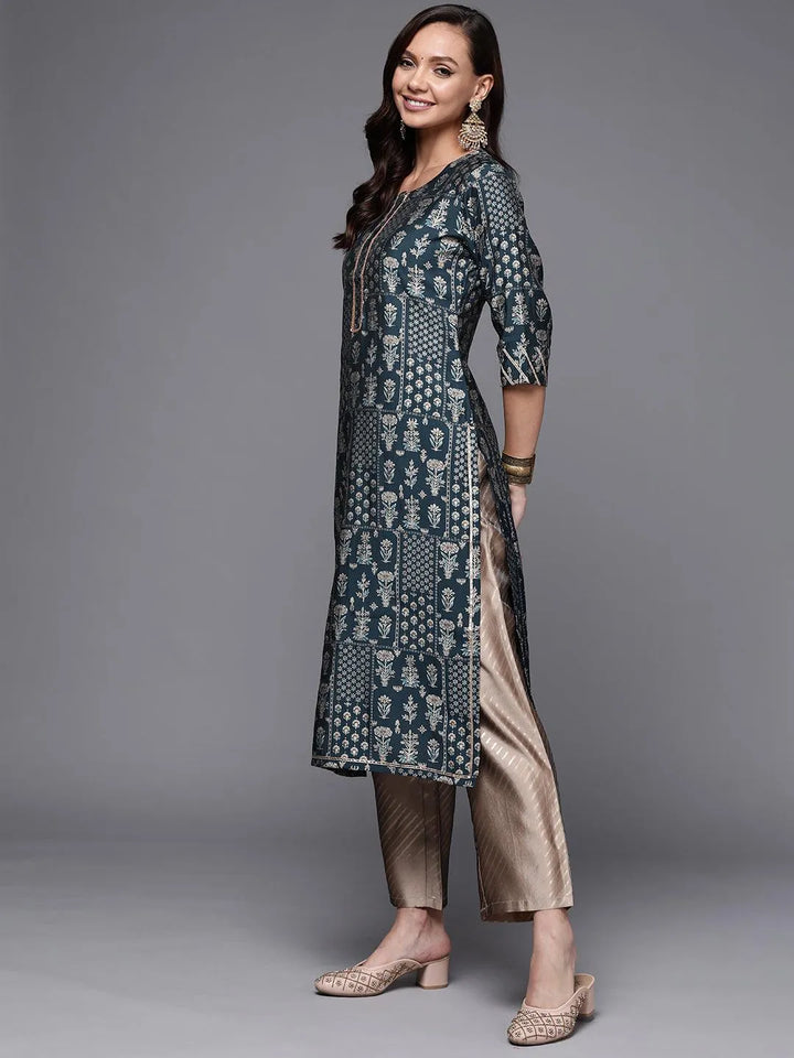 Blue Printed Silk Straight Kurta - Libas