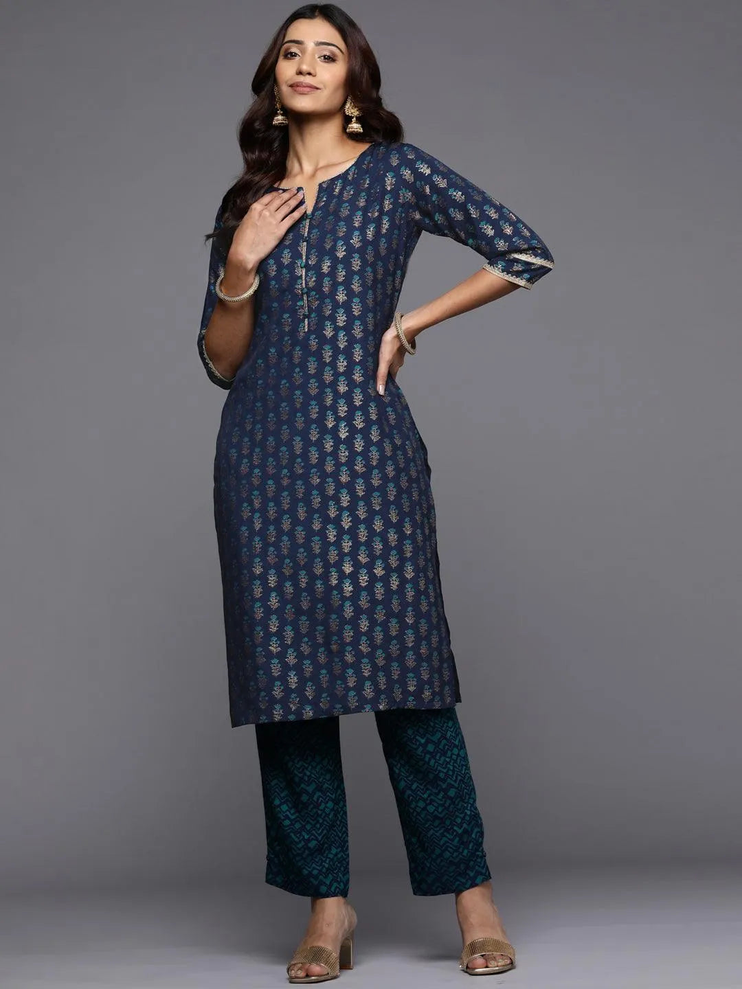 Blue Printed Silk Straight Kurta - Libas 