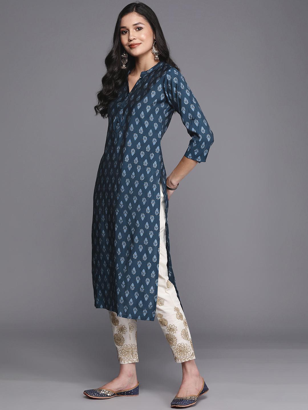 Blue Printed Silk Straight Kurta - Libas 