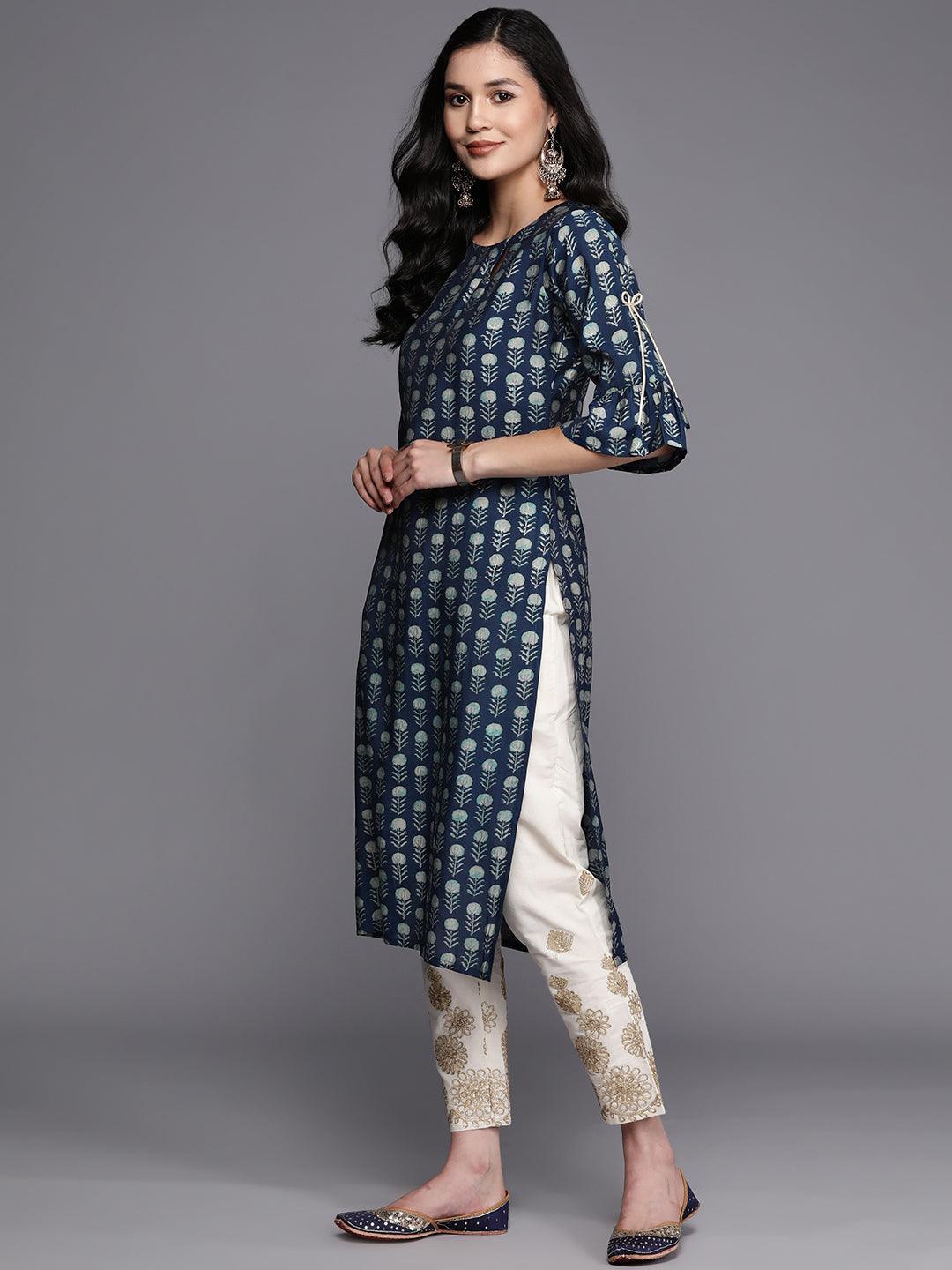 Blue Printed Silk Straight Kurta - Libas