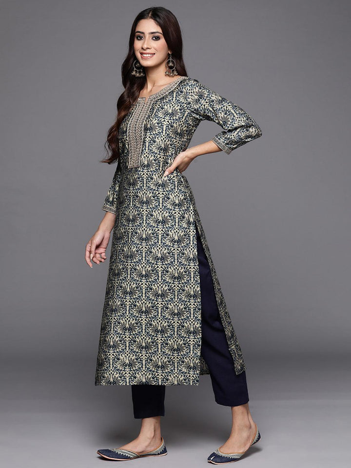 Blue Printed Silk Straight Kurta - Libas