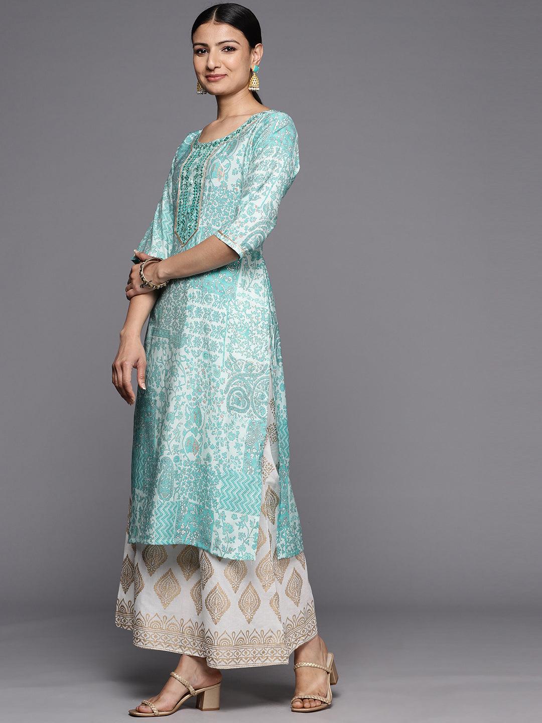 Blue Printed Silk Straight Kurta - Libas 