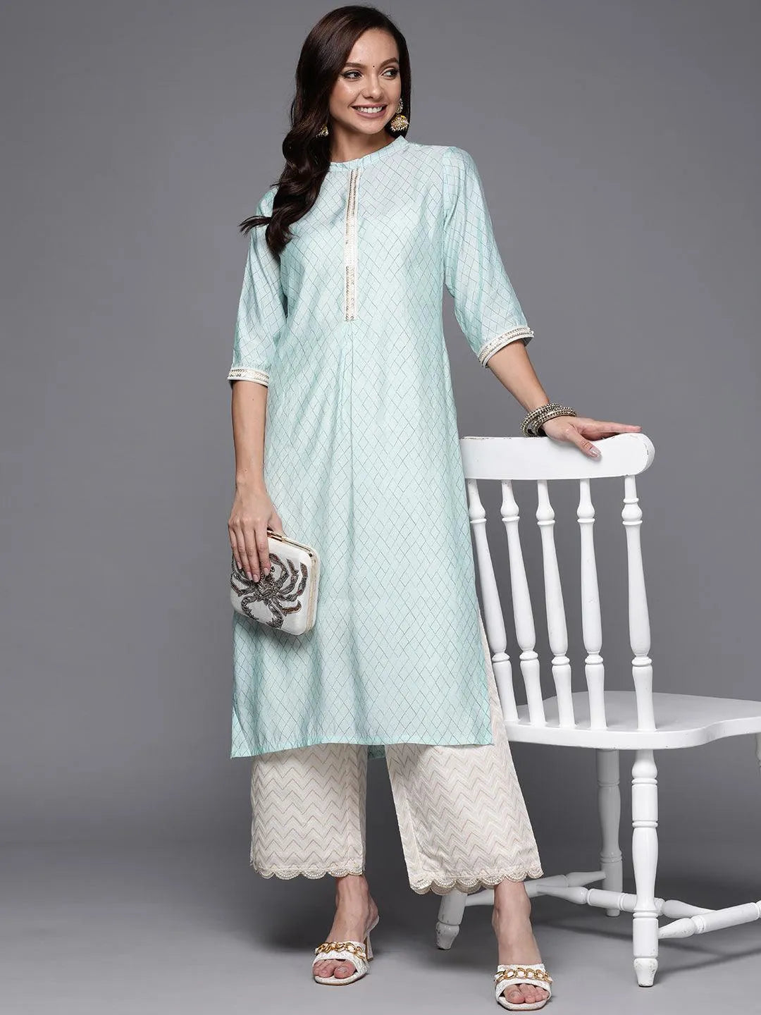 Blue Printed Silk Straight Kurta - Libas