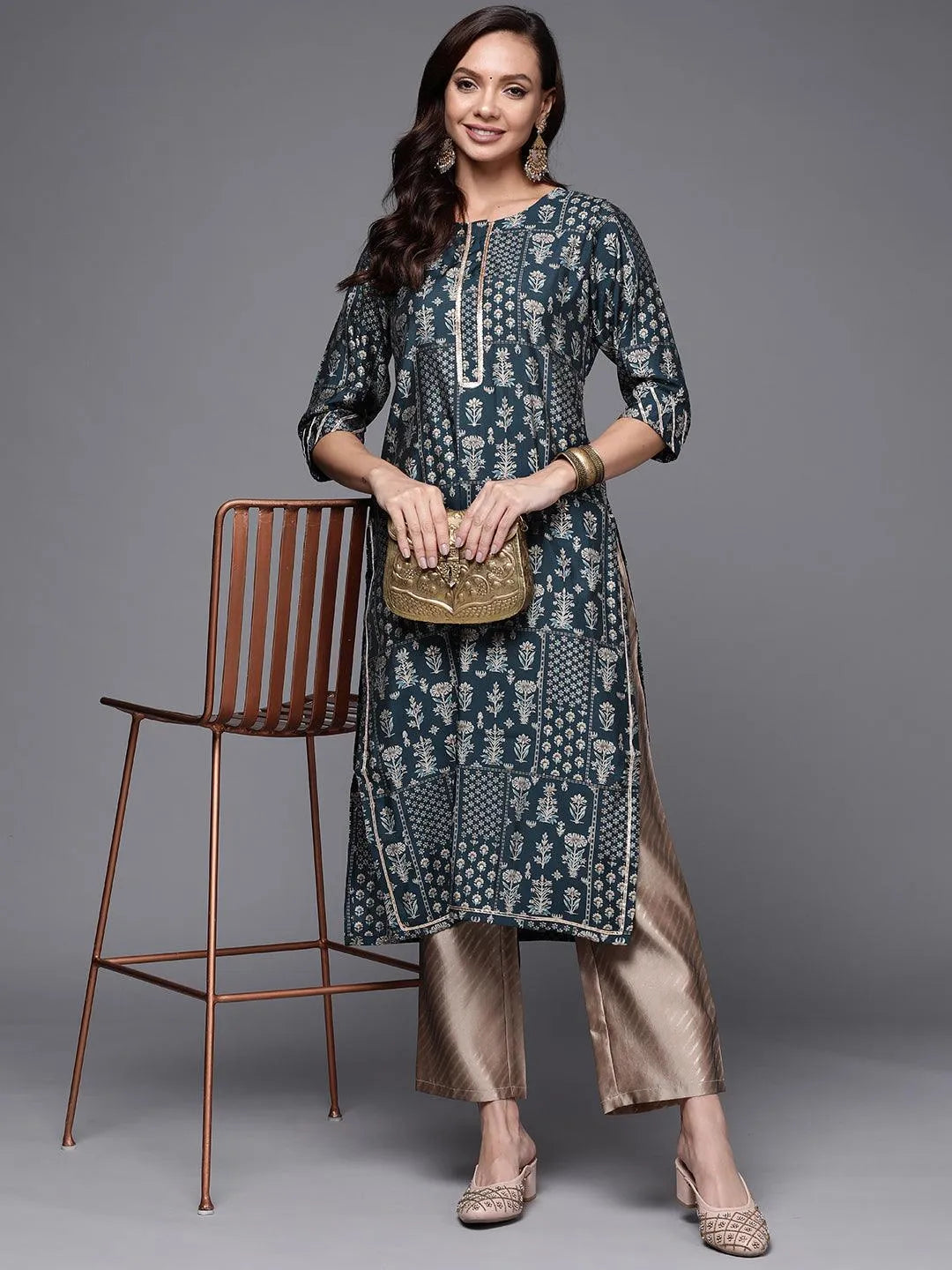 Blue Printed Silk Straight Kurta - Libas 