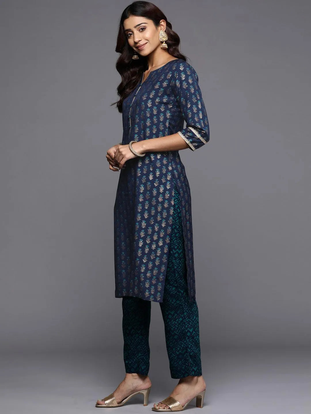 Blue Printed Silk Straight Kurta - Libas 