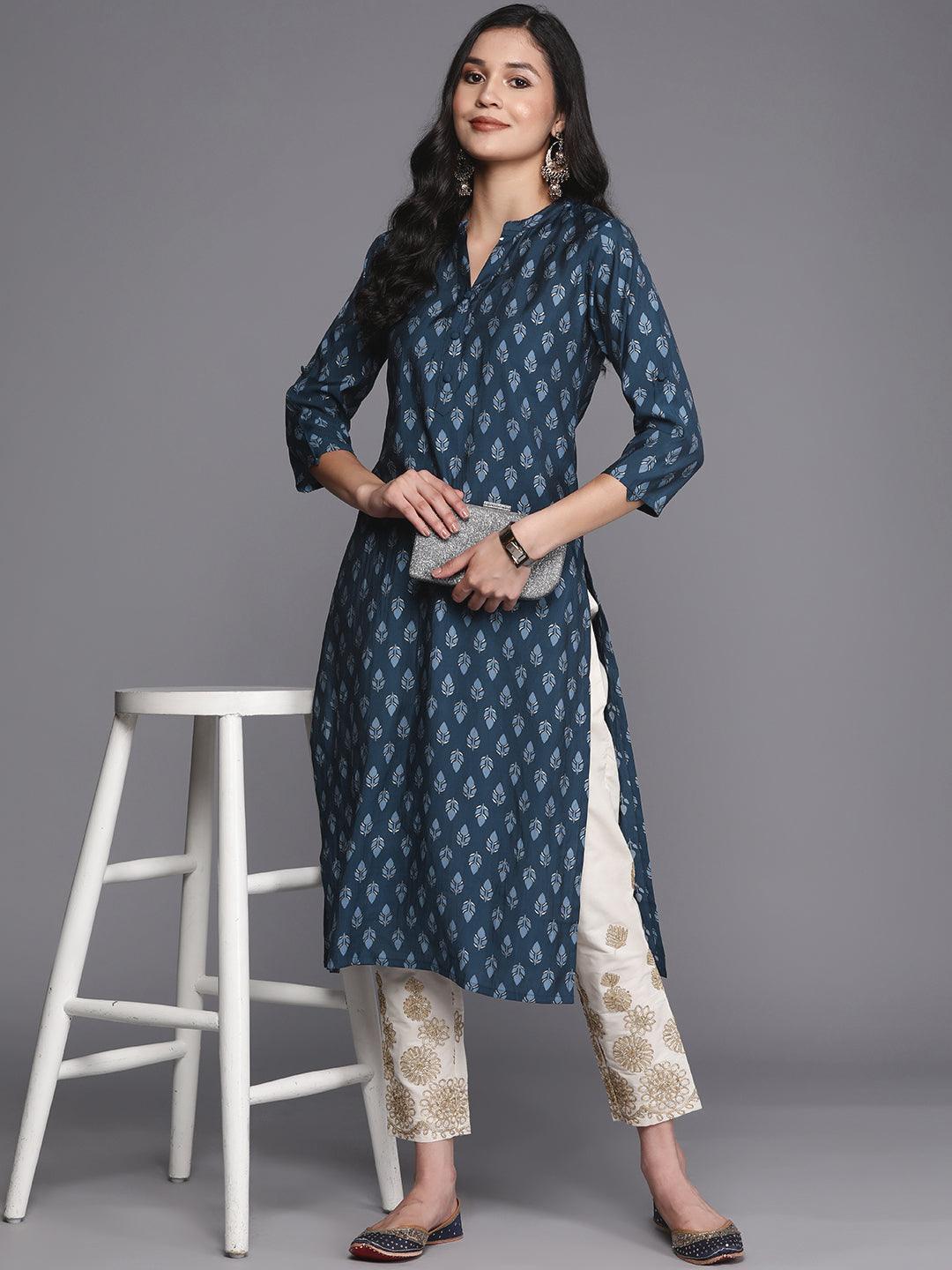 Blue Printed Silk Straight Kurta - Libas 