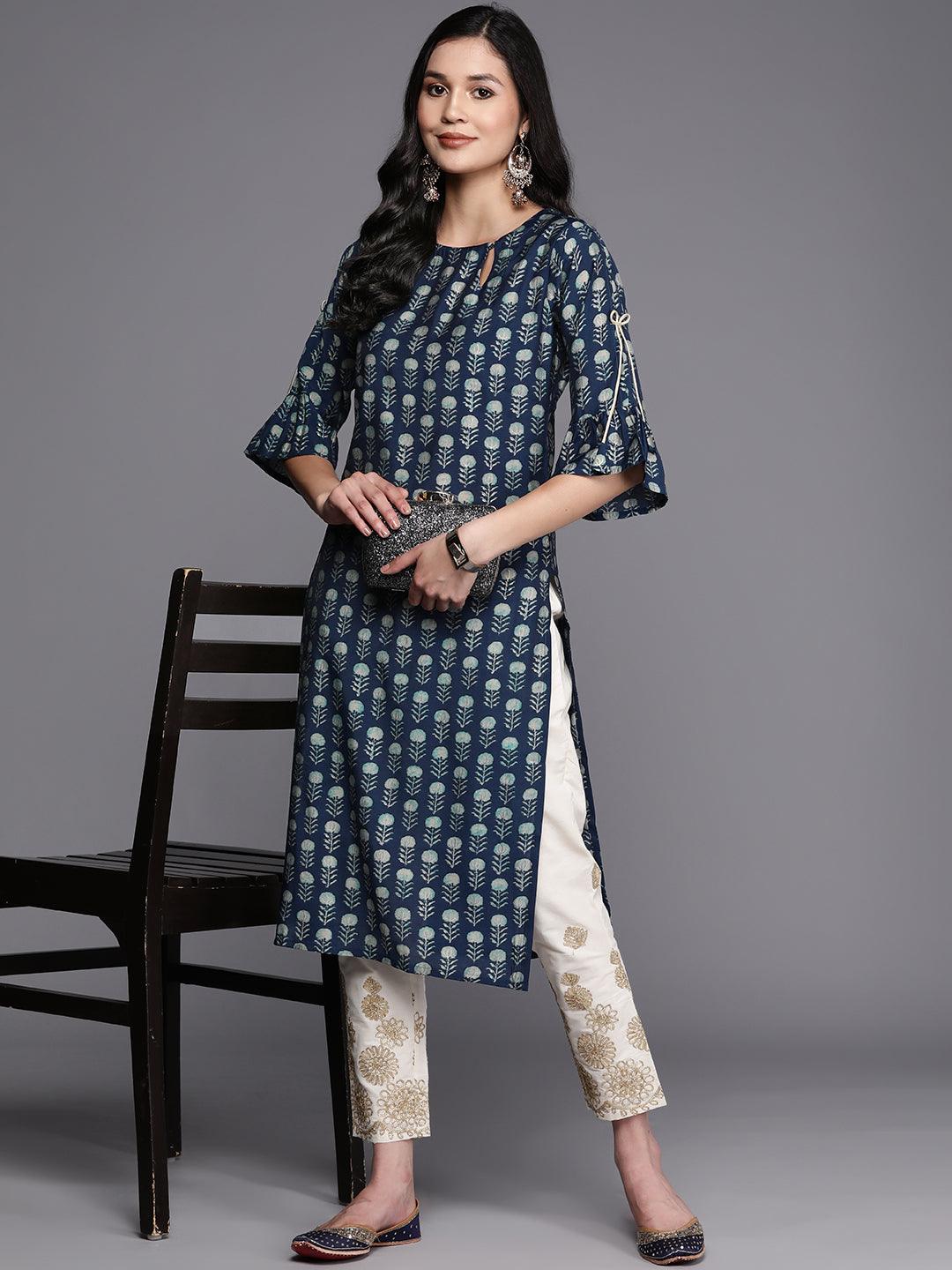 Blue Printed Silk Straight Kurta - Libas 