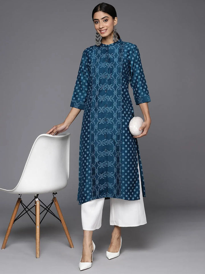 Blue Printed Silk Straight Kurta - Libas