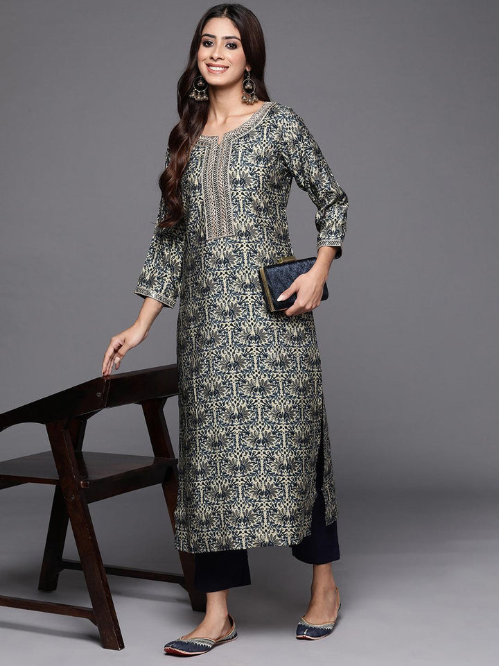 Blue Printed Silk Straight Kurta - Libas