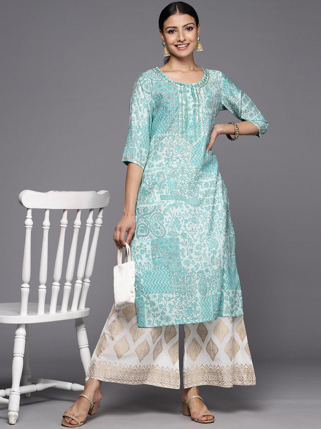 Blue Printed Silk Straight Kurta - Libas 