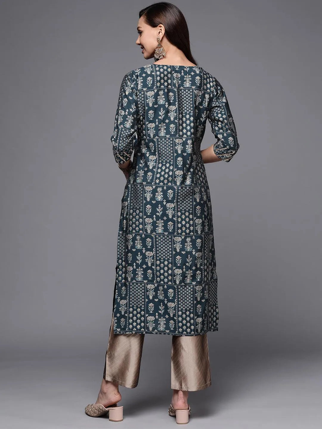 Blue Printed Silk Straight Kurta - Libas