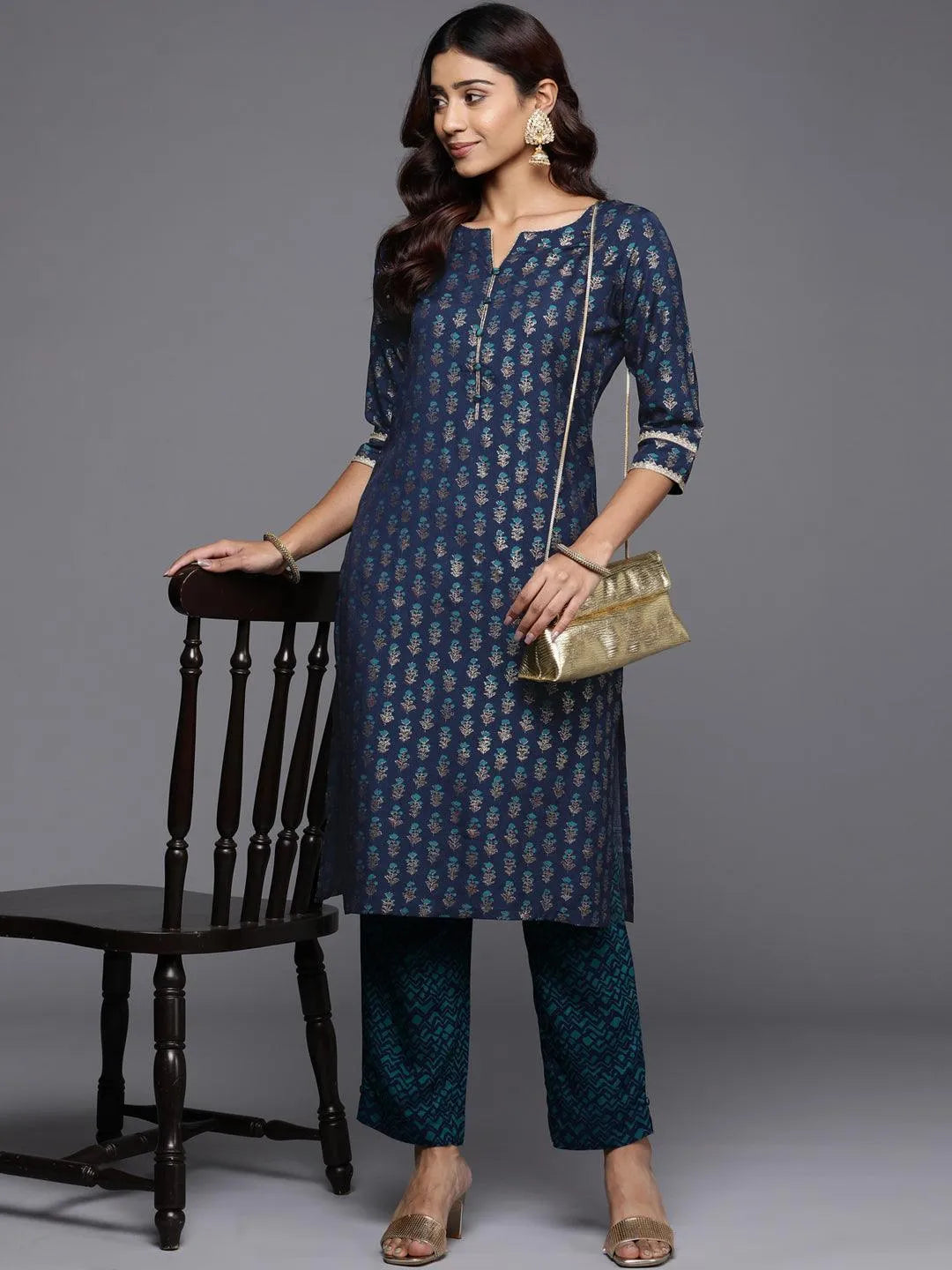 Blue Printed Silk Straight Kurta - Libas 