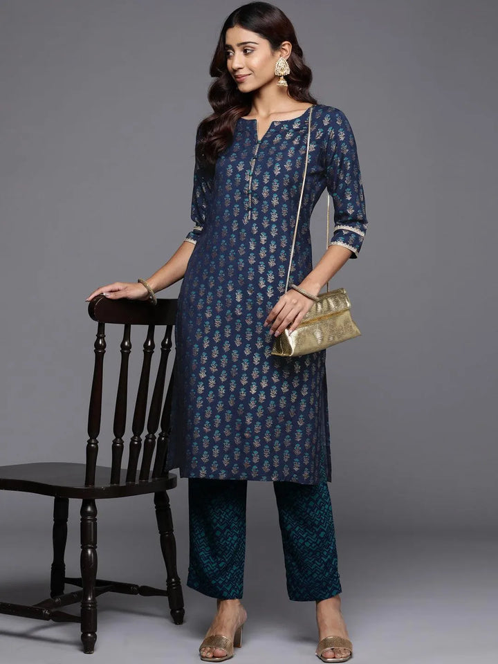 Blue Printed Silk Straight Kurta - Libas